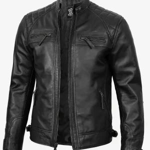 Men's Quilted Shoulder Black Cafe Racer Leather Jacket