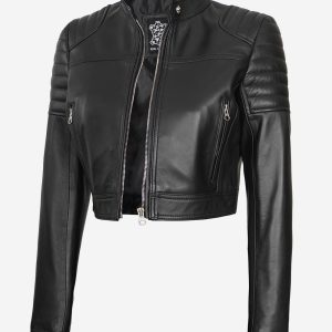 Black Cropped Leather Cafe Racer Jacket for Women