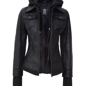 The Céleste: Women's Black Bomber Leather Jacket with Removable Hood