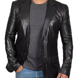 Men's Black Leather Blazer Jacket - Stylish Two Button Notch Lapel Blazer