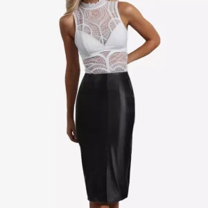 Deena Women's Black High-Waisted Real Leather Pencil Skirt