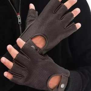 Men's Fingerless Dark Brown Leather Gloves