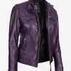 Women's Purple Cafe Racer Leather Jacket - Quilted Shoulder