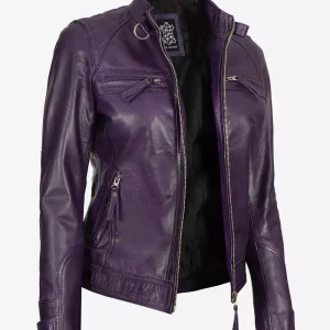 Women's Purple Cafe Racer Leather Jacket - Quilted Shoulder
