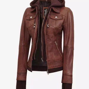 Tralee Women's Dark Brown Bomber Leather Jacket With Removable Hood