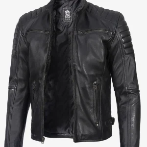 Men's Black Café Racer Leather Jacket with Padded Shoulders