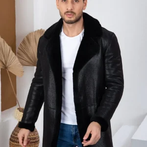 Men’s Leather Coat, Long Fur Lined Collar, Black Long Jacket, Buttoned Closure, Warm Winter Jacket