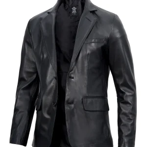 Two Button Notch Lapel Men's Black Leather Blazer