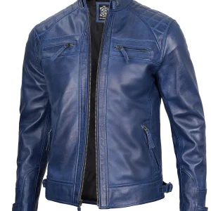Men's Blue Quilted Shoulder Cafe Racer Leather Jacket
