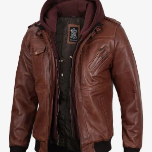 Men's Brown Leather Bomber Jacket With Removable Hood