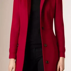 Women's Single Breasted Red Wool Coat - 3/4 Length