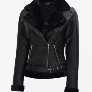 Agnes Asymmetrical Black Shearling Leather Jacket Women's