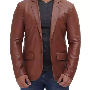 Men's Tan Two Button Leather Blazer
