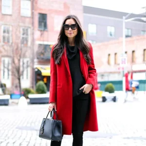 Red Single Breasted Wool Walker Coat Women's