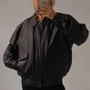 Women’s 80’s Vintage Leather Jacket, Black Retro Style Oversize Leather Jacket
