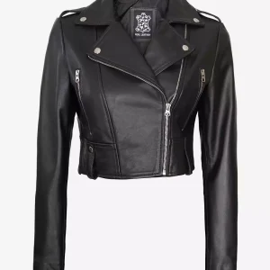 Black Asymmetrical Cropped Leather Jacket for Women