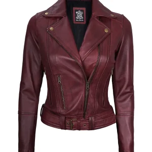 Elisa Women's Maroon Leather Asymmetrical Motorcycle Jacket