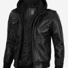 Men's Black Real Leather Bomber Jacket with Removable Hood