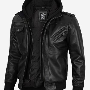 Men's Black Real Leather Bomber Jacket with Removable Hood