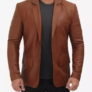 Men's Premium Two Button Cognac Leather Blazer