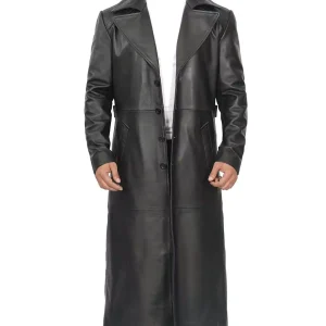 Men's Full-Length Black Leather Trench Coat