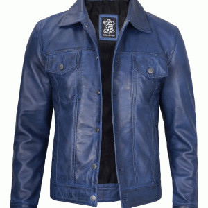 Men's Real Lambskin Leather Blue Trucker Jacket