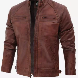 Men's Café Racer Cognac Leather Jacket - Quilted Shoulder