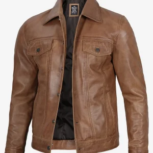 Men's Real Leather Camel Brown Trucker Jacket