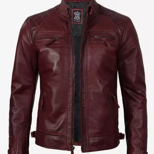 Men's Real Lambskin Leather Maroon Biker Jacket - Quilted Shoulder