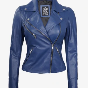 Women's Real Lambskin Leather Blue Moto Jacket