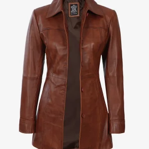 Women's Tall Shirt Collar Cognac Leather Coat - Limited Stock