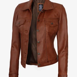 Women's Cognac Brown Trucker Leather Jacket