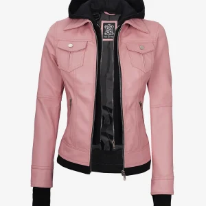 Women's Pink Bomber Leather Jacket with Removable Hood