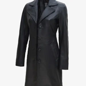 Women's Long Black Leather Trench Coat