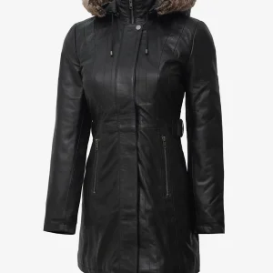 Women's Black Premium Leather Coat - Removable Fur Hood