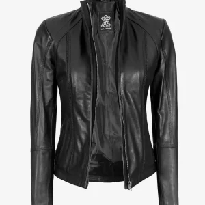 Acerra Women's Black Cafe Racer Leather Jacket