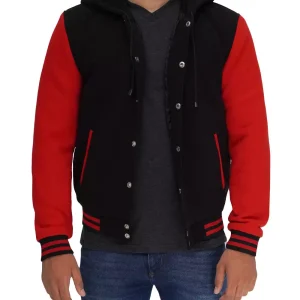 Salerno Men's Black and Red Varsity Jacket with Hood - Highschool Jacket