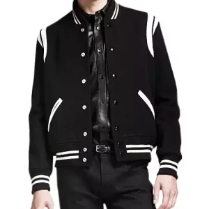 Men's Black Letterman Jacket With White Detailing - Wool Blend