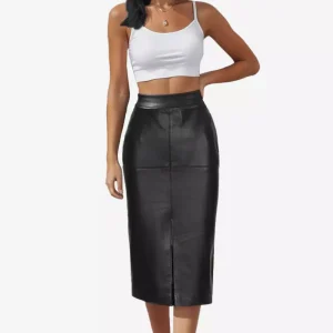 Renee Women's Black Knee Length Leather Pencil Skirt