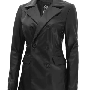 Notch Lapel Collar Double Breasted Black Leather Coat Women
