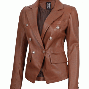 Women's Double Breasted Cognac Leather Blazer